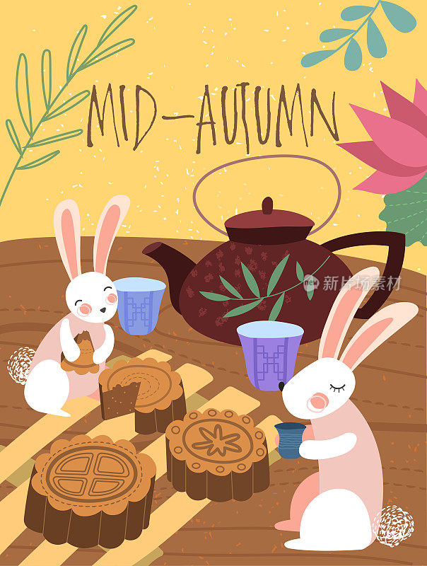 Cute Mid-Autumn poster design of a rabbits tea party with two little pink bunnies sitting down to cookies and tea in front of a large teapot